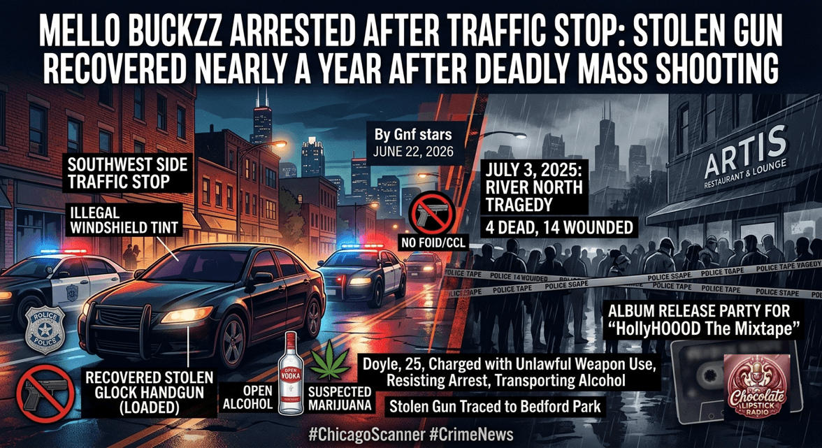 Mello Buckzz arrest infographic Chicago June 2026 stolen firearm charges